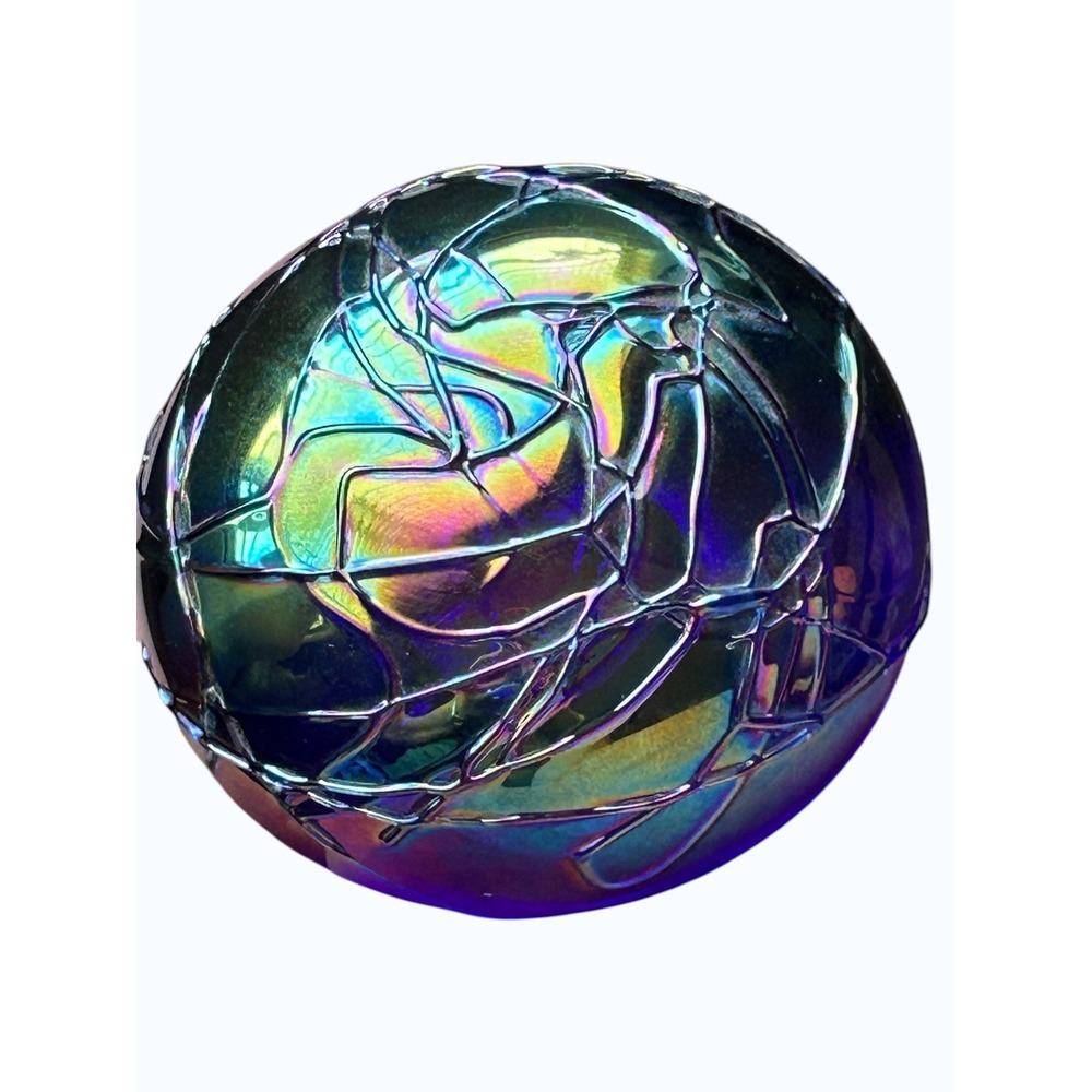 Anton Vitli Iridescent Art Glass Paperweight Blue Purple Webbed Textured‎ Signed